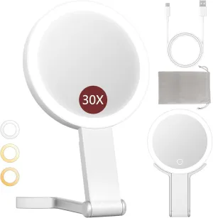 Travel Makeup Mirror with Light, Double Sided 30X Magnifying Mirror with Light, Rechargeable Portable Lighted Beauty Mirror, 3 Color Lighting Dimmable Touch Screen,Hand Mirror Hanging Tabletop