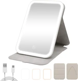 Travel Makeup Mirror with Lights, Vanity Mirror with 3 Color Lights Modes USB Rechargable, Foldable LED Cosmetic Mirror for Travel, Home, Office