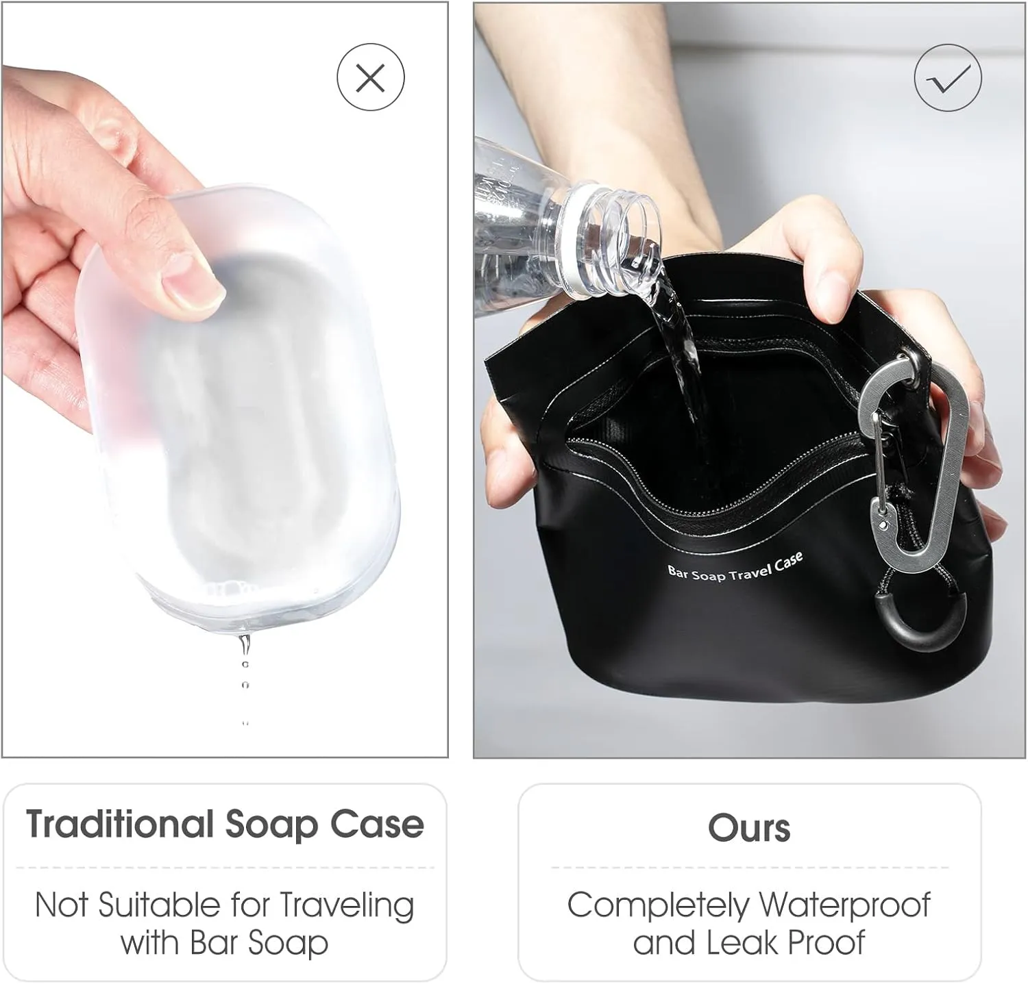 Travel Soap Container Bag with Waterproof Zipper and Carabiner Clip Waterproof and Leak Proof Soap Travel Case Travel Accessories (Black)
