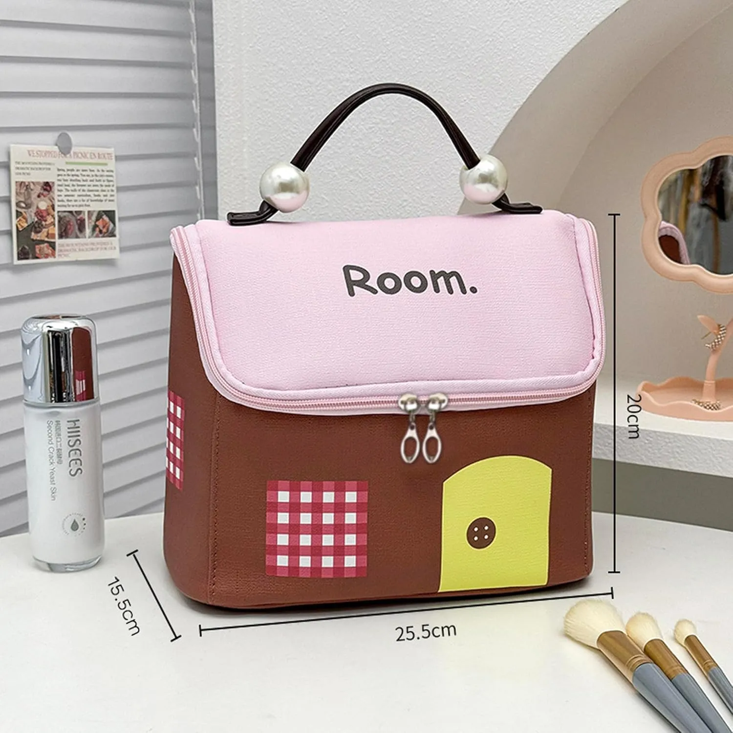 Travel Toiletry Bag,Makeup Bag,Large Capacity Cosmetic Bag,Wide Open Portable Big House Travel Makeup bag with Divider & Handle(PinkBrown)
