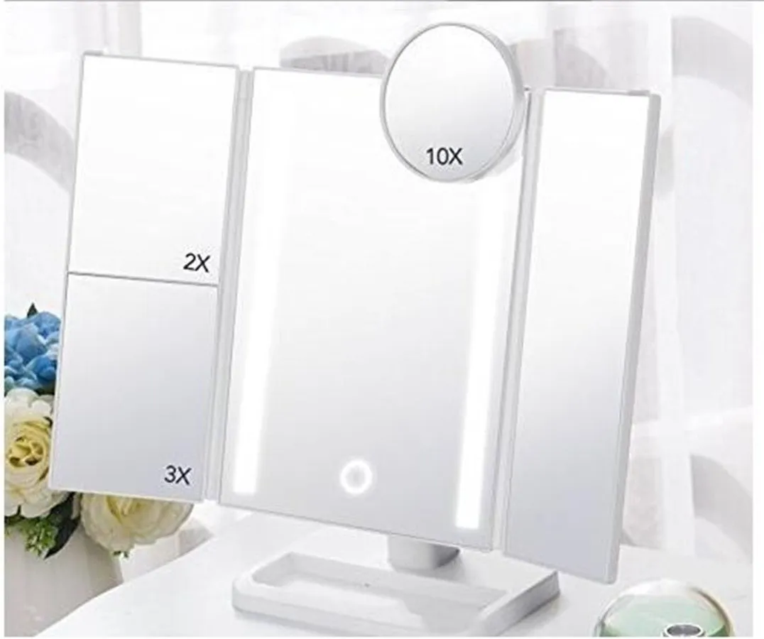 Tri-Fold Lighted Makeup Mirror with 36 LED Lights, Portable 10X/3X/2X/1X Magnifying Mirror, Vanity Mirror with Touch Screen 180 Degree Roating Adjustable Stand for Travel Cosmteic Home Beauty Mirror