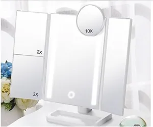 Tri-Fold Lighted Makeup Mirror with 36 LED Lights, Portable 10X/3X/2X/1X Magnifying Mirror, Vanity Mirror with Touch Screen 180 Degree Roating Adjustable Stand for Travel Cosmteic Home Beauty Mirror
