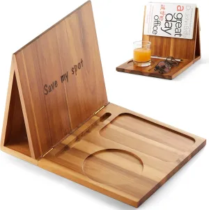 Triangle Book Holder, Book Rest, Acacia Foldable Book Nook Reading Valet, Triangle Book Stand with Cup, Pen, Glasses and Phone Holder for Bedroom, Nightstand or Office, Gifts for Book Lover