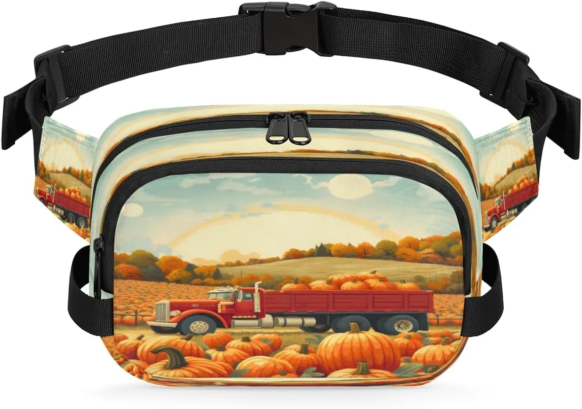 Truck Pumpkins Waterproof Fanny Pack for Women Men Adjustable Waist Bag with Double Zipper Pockets Lightweight Square Hip Pack for Running Travel Hiking Workout Cycling