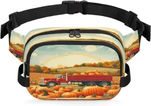 Truck Pumpkins Waterproof Fanny Pack for Women Men Adjustable Waist Bag with Double Zipper Pockets Lightweight Square Hip Pack for Running Travel Hiking Workout Cycling