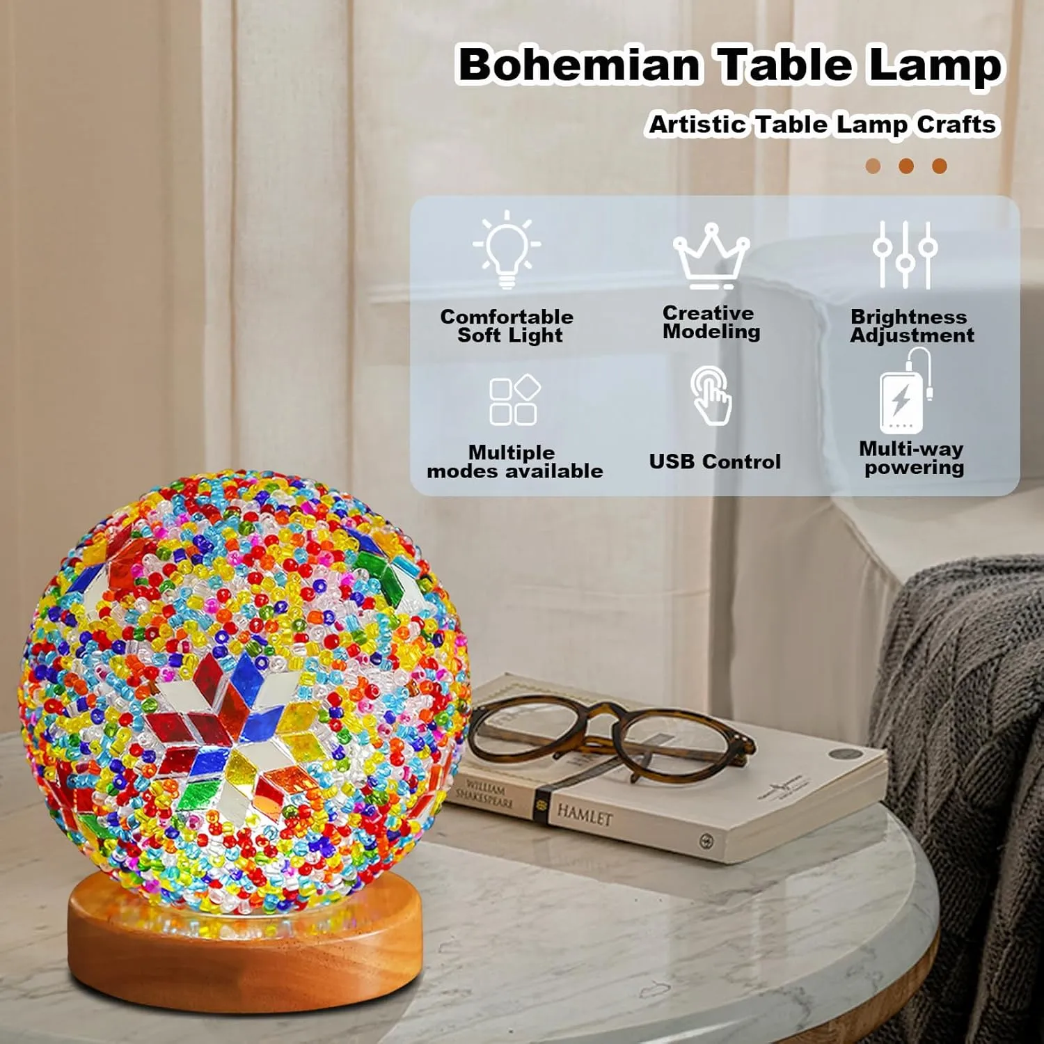 Turkish Table lamp, Bohemian Tiffany Bedside Lamps, Mosaic Glass Lamps with Wooden Base, USB Power Moroccan Lantern for Living Room Halloween Decorations (D:4.7" x H:5.2")