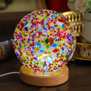 Turkish Table lamp, Bohemian Tiffany Bedside Lamps, Mosaic Glass Lamps with Wooden Base, USB Power Moroccan Lantern for Living Room Halloween Decorations (D:4.7" x H:5.2")