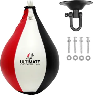 Ultimate Fitness Speed Bag - Boxing Leather MMA Muay Thai Training Punching Dodge Workout Speedball Kicking Striking Ball Kit with Hanging Swivel, Neddle, Screw Set