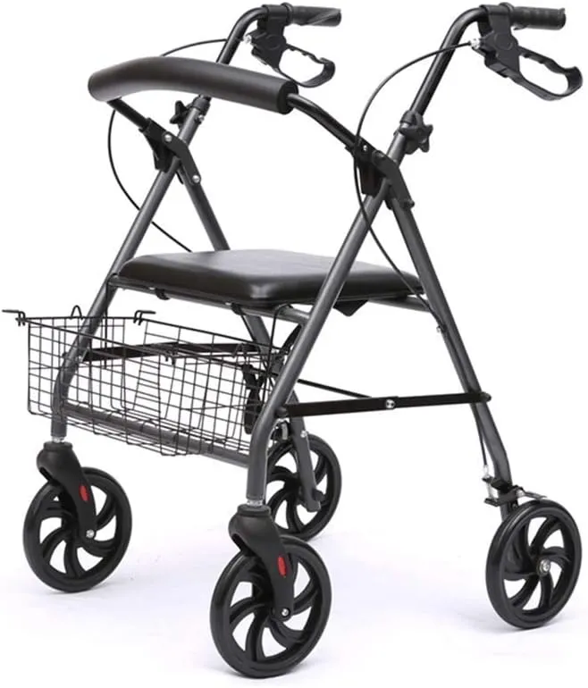 Ultra Lightweight Folding Rollator Wheeled Walker Walking Frame with Brakes, Seat and Bag