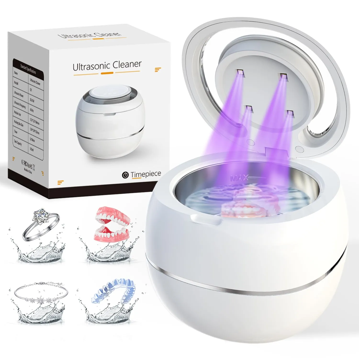 Ultrasonic Denture Cleaner, Ultra Sonic Retainer Cleaner Machine for Dentures, Mouth Guards, Braces, Toothbrush, Electronic Rapid Retainer Nightguards Denture Bath Pod with Digital Timer (White)