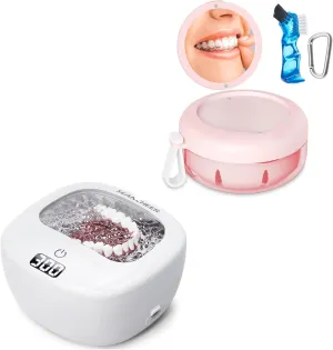 Ultrasonic Retainer Cleaner Rechargeable & Denture Bath Case White & Pink