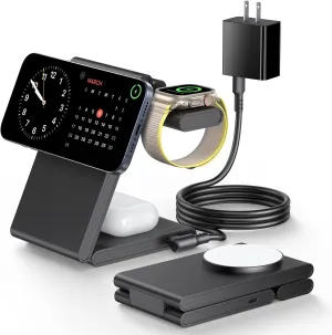 Upgraded 3 in 1 Foldable Magnetic Wireless Charging Station with PD 20W USB-C Adapter, Compatible with MagSafe, Charger Stand for iPhone 16/15/14/13/12 Series, Apple Watch, AirPods, Black