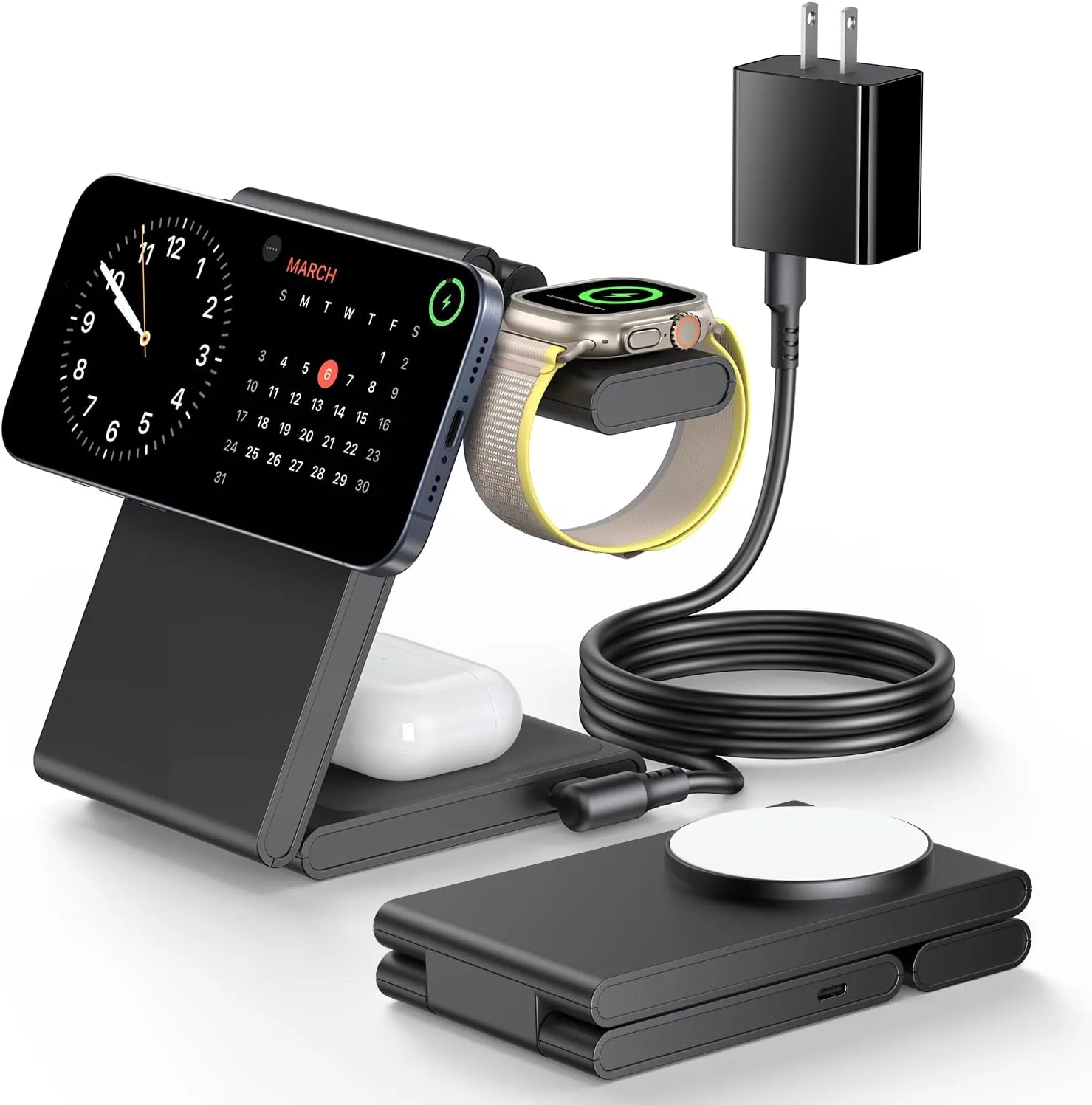 Upgraded 3 in 1 Foldable Magnetic Wireless Charging Station with PD 20W USB-C Adapter, Compatible with MagSafe, Charger Stand for iPhone 16/15/14/13/12 Series, Apple Watch, AirPods, Black