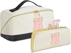 Valentine's Day Gifts for Women Girls,2Pack Large Personalized Initial Preppy Makeup Bag,Leather Waterproof Cosmetic Bag, Monogram Travel Make up bag Perfect forTeen Girls Mother's Day Birthday Gifts