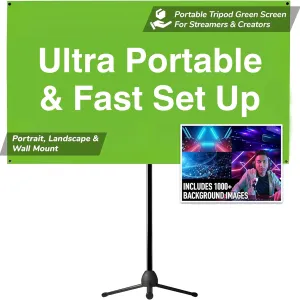Valera 90in Green Screen Backdrop with Stand for Streaming, Ultra Portable 2 Min Setup, Portrait & Landscape, Tripod & Wall Mount, for Tiktok Zoom Video Meetings & More,  1k Free Backgrounds Included