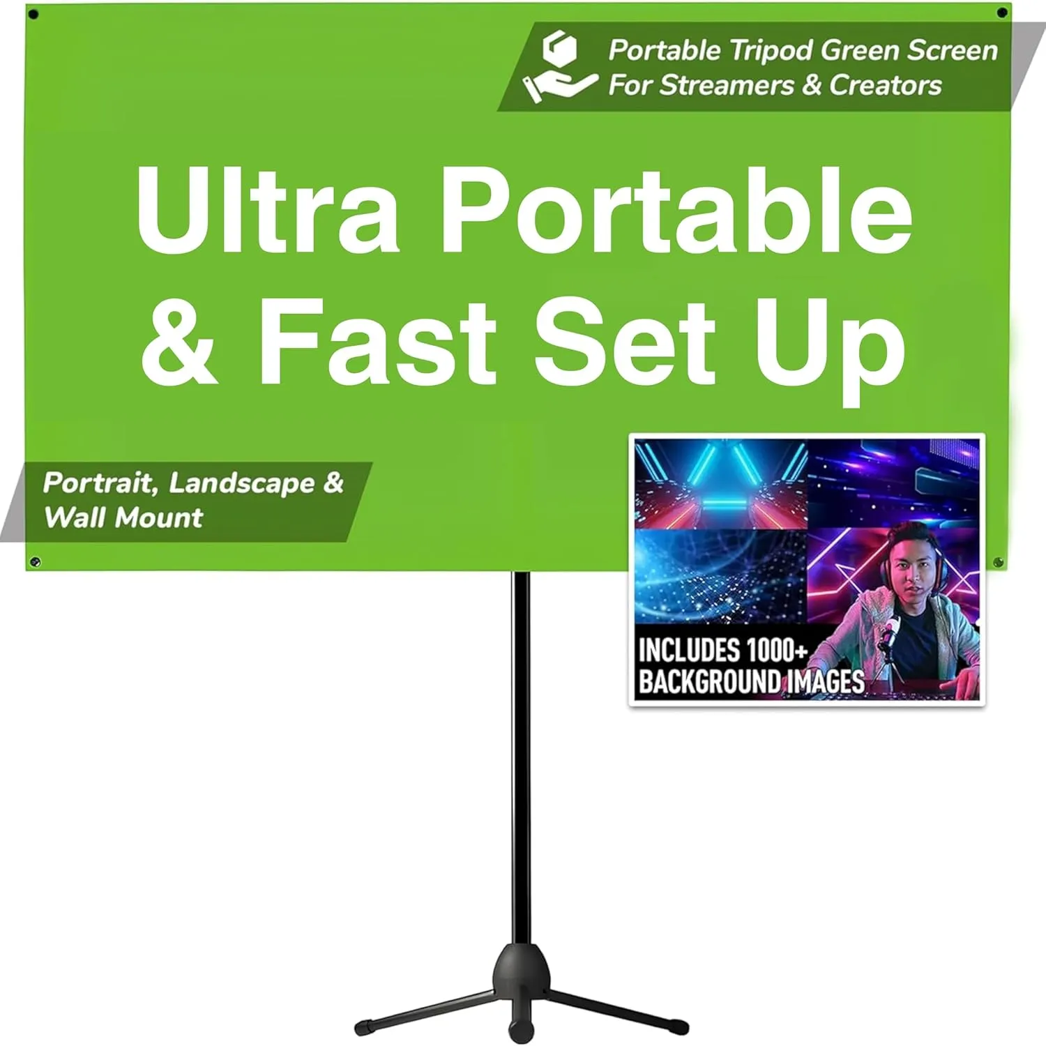 Valera 90in Green Screen Backdrop with Stand for Streaming, Ultra Portable 2 Min Setup, Portrait & Landscape, Tripod & Wall Mount, for Tiktok Zoom Video Meetings & More,  1k Free Backgrounds Included