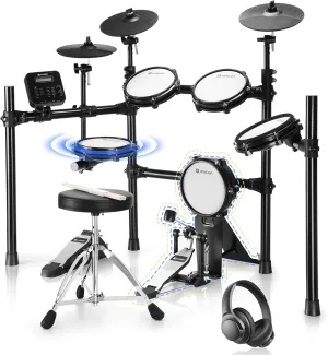 Vangoa Electronic Drum Set, Electric Drum Kit 8-Pieces with Quiet Mesh Drum Pads, Cymbals, Heavy Duty Pedals, 480 Sounds, Headphone, Full Size Electronic Drum Kit with throne for Adults, Black