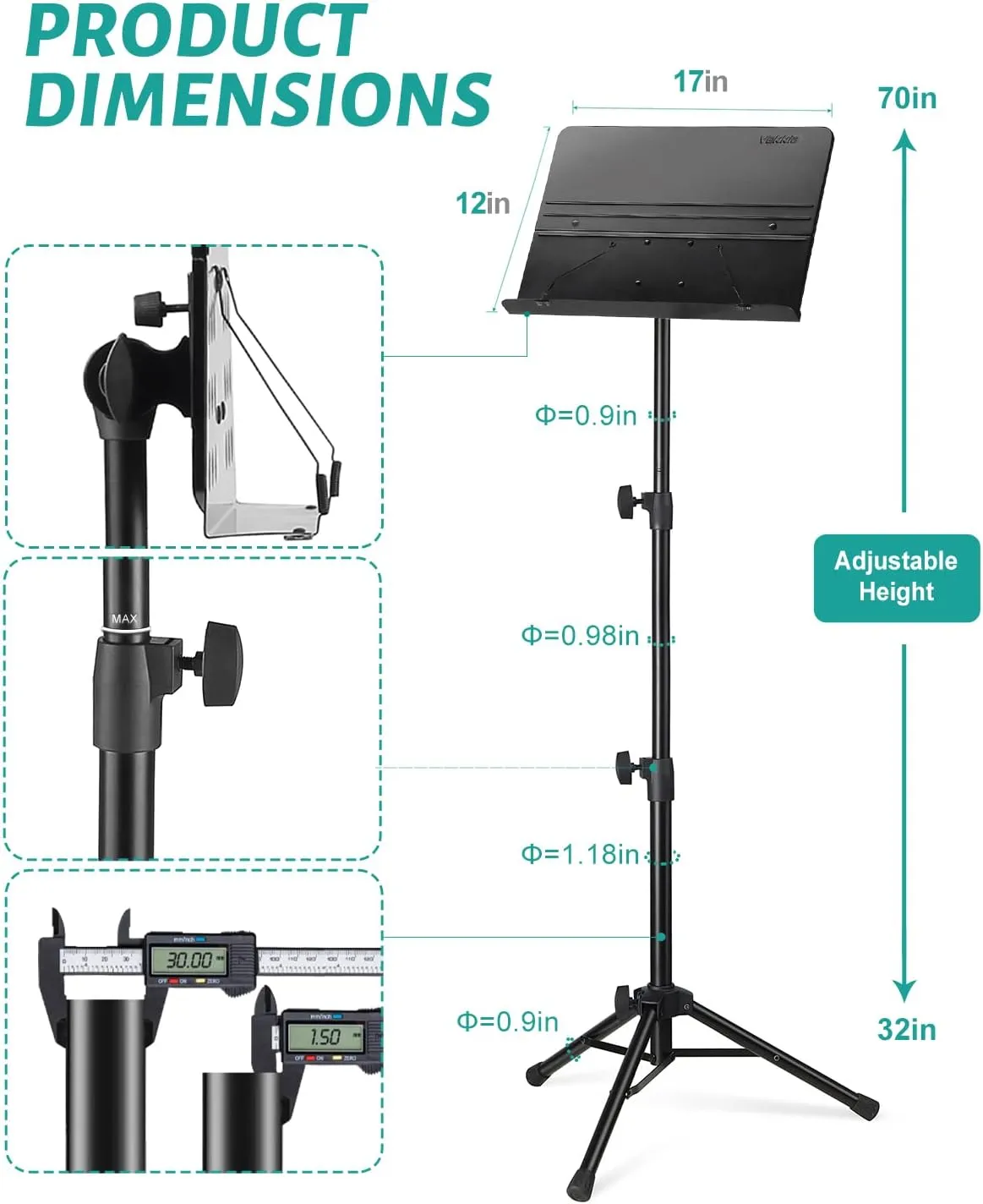 Vekkia 70 - inch Metal Professional Portable Sheet Music Stand — Folding Adjustable Holder, with Carrying Bag, Sturdy for Instrumental & Band Performances, Travel