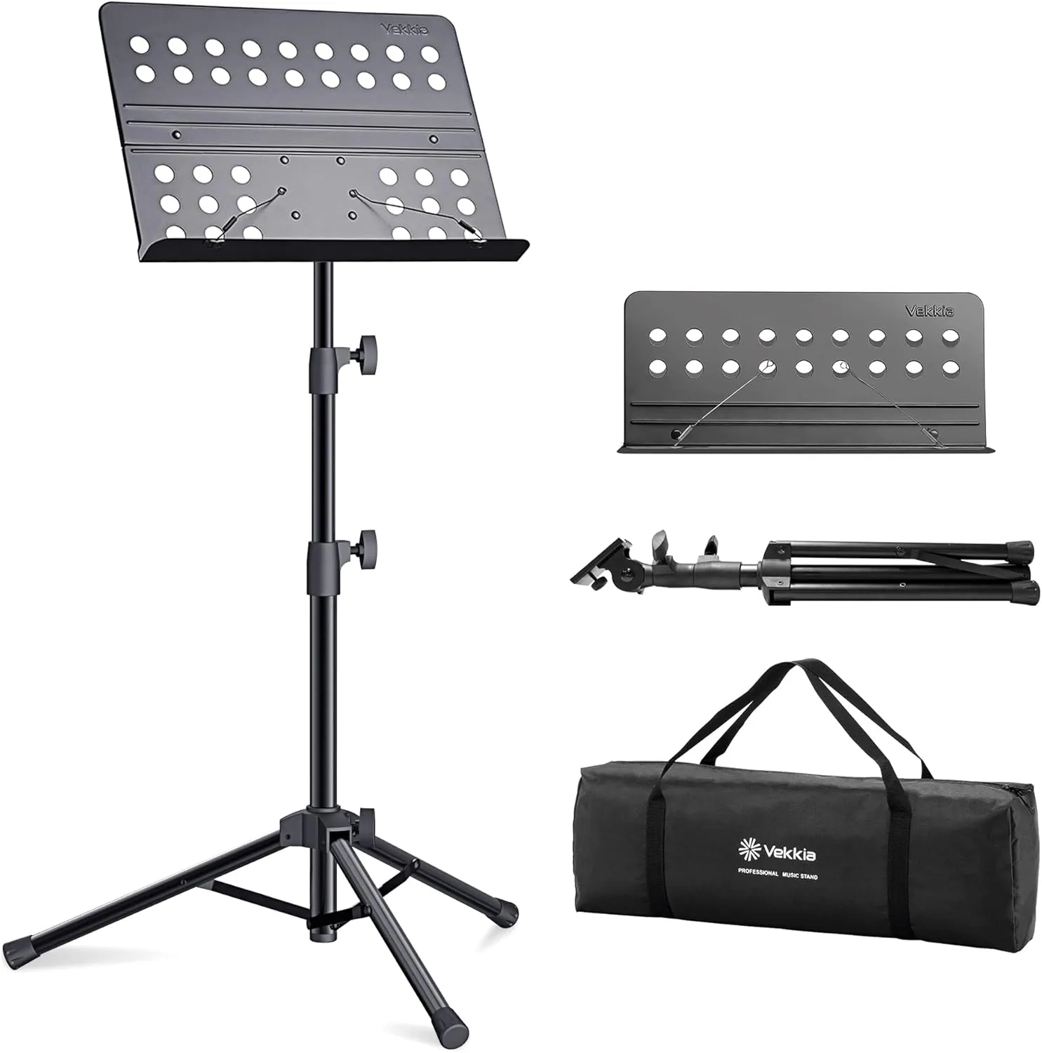 Vekkia Metal Professional Portable Perforated Sheet Music Stand - Folding Adjustable Holder, with Carrying Bag, Sturdy for Instrumental Performance, Band & Travel
