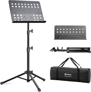 Vekkia Metal Professional Portable Perforated Sheet Music Stand - Folding Adjustable Holder, with Carrying Bag, Sturdy for Instrumental Performance, Band & Travel