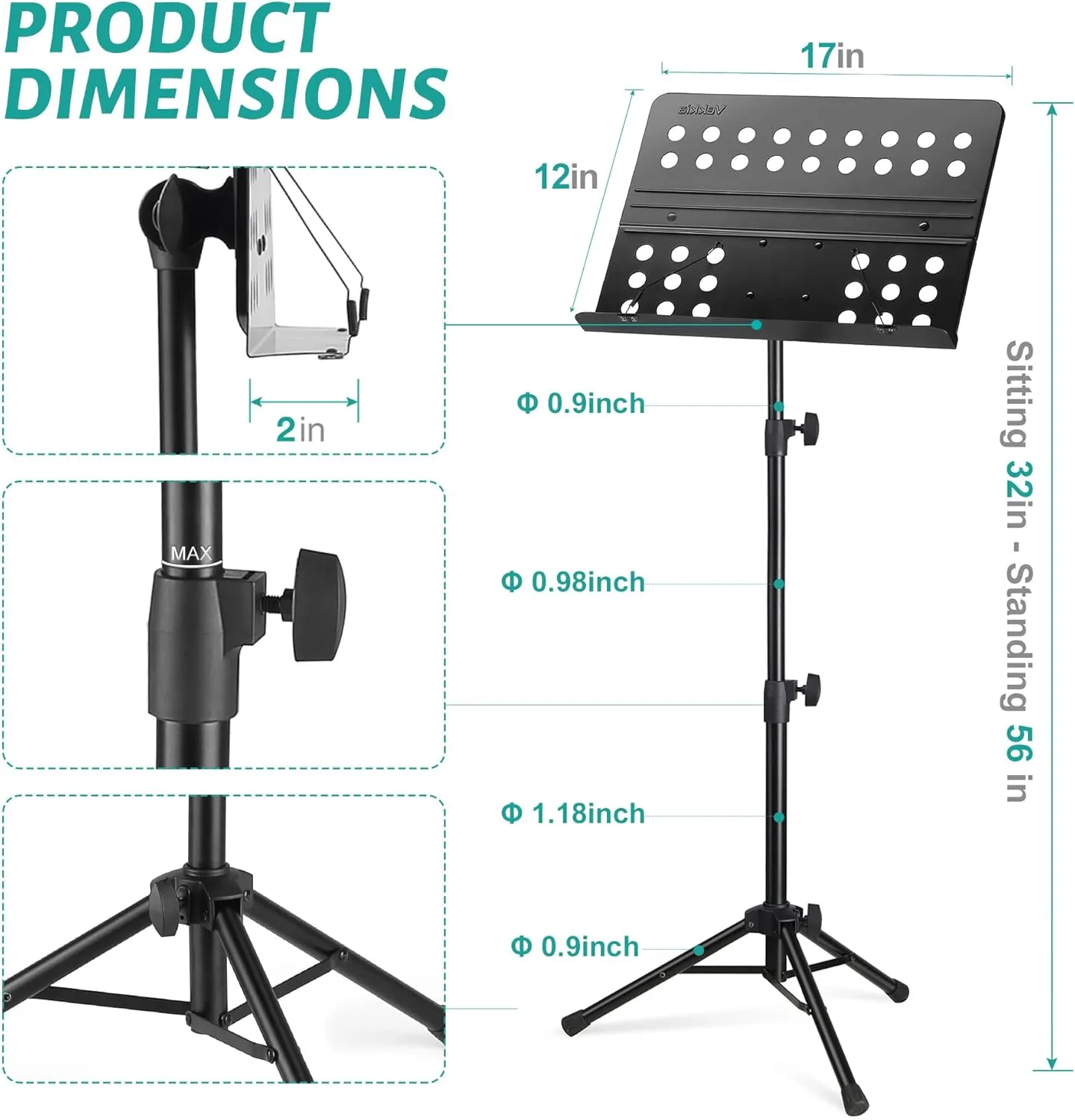 Vekkia Metal Professional Portable Perforated Sheet Music Stand - Folding Adjustable Holder, with Carrying Bag, Sturdy for Instrumental Performance, Band & Travel