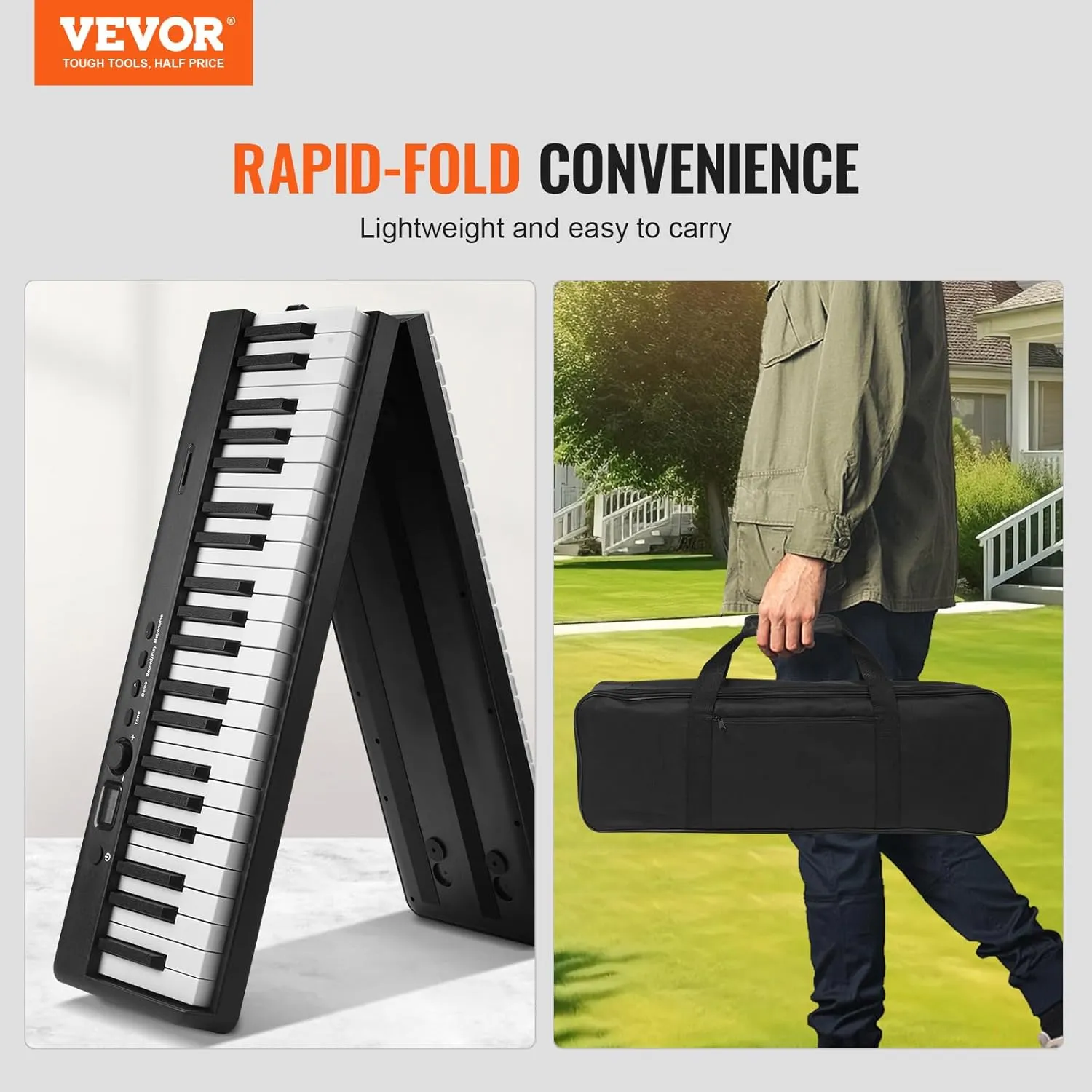 VEVOR, Bluetooth & MIDI, Portable Electronic Digital Foldable Piano Sustain Pedal Bag Touch Sensitive, Rechargeable for Beginners Teens Adults, 88 Key Black, with Stand (BX-20)