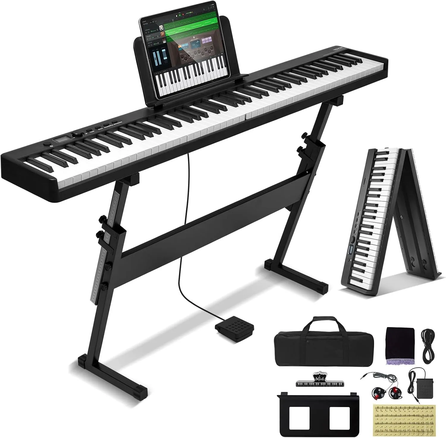 VEVOR, Bluetooth & MIDI, Portable Electronic Digital Foldable Piano Sustain Pedal Bag Touch Sensitive, Rechargeable for Beginners Teens Adults, 88 Key Black, with Stand (BX-20)