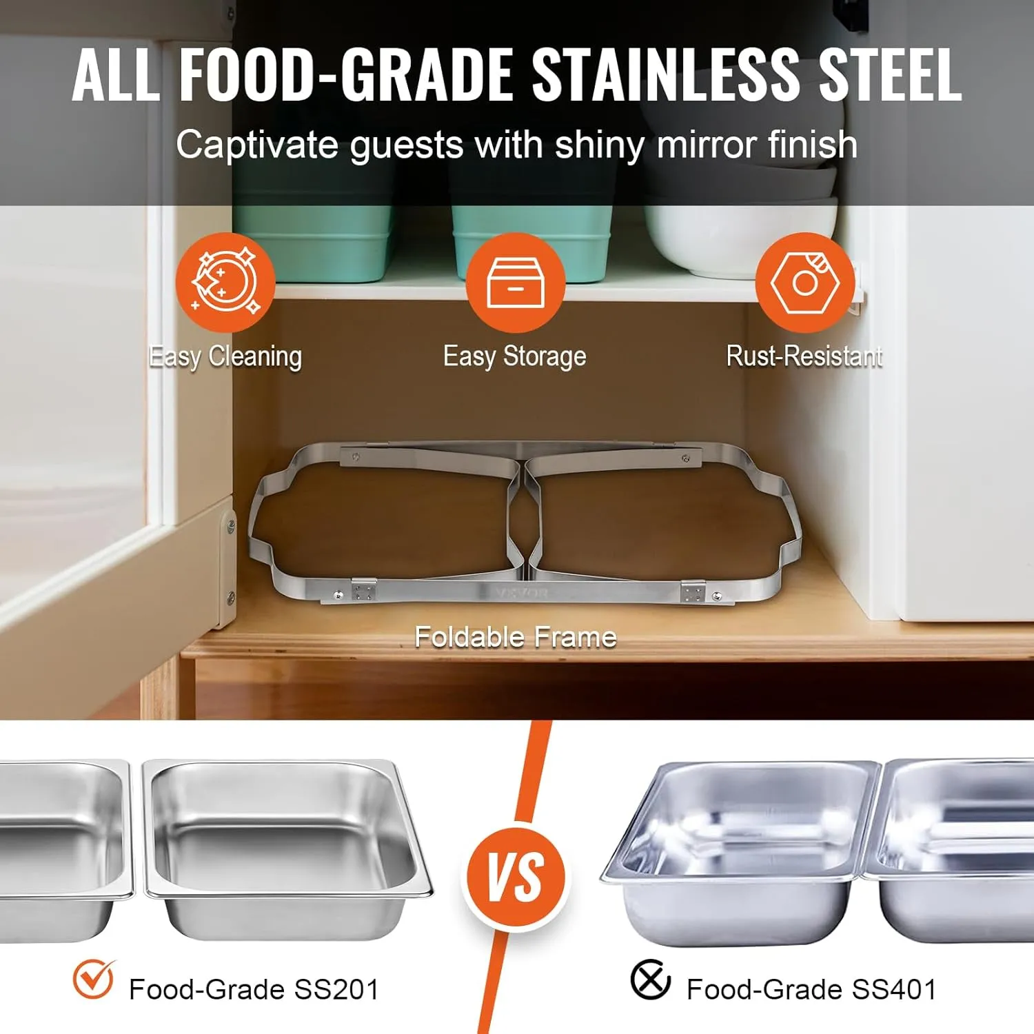 VEVOR Chafing Dish Buffet Set, 8 Qt 6 Pack, Stainless Chafer with 6 Full Size Pans, Rectangle Catering Warmer Server with Lid Water Pan Folding Stand Fuel Holder Tray Spoon Clip, at Least 8 People Eac