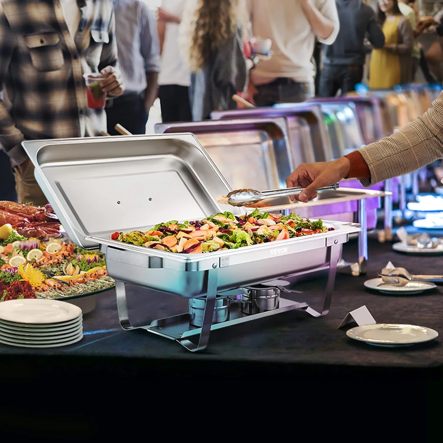 VEVOR Chafing Dish Buffet Set, 8 Qt 6 Pack, Stainless Chafer with 6 Full Size Pans, Rectangle Catering Warmer Server with Lid Water Pan Folding Stand Fuel Holder Tray Spoon Clip, at Least 8 People Eac
