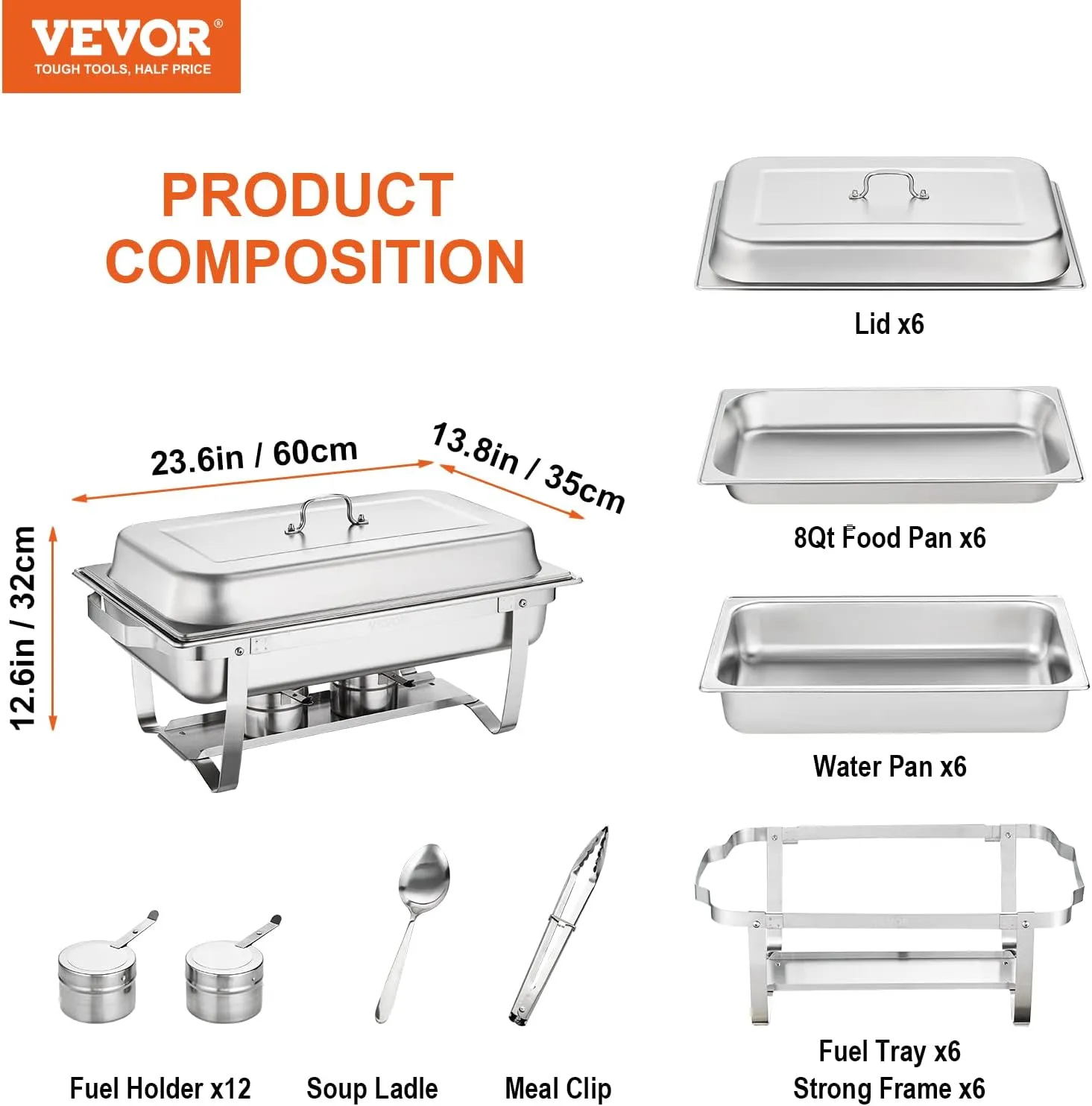 VEVOR Chafing Dish Buffet Set, 8 Qt 6 Pack, Stainless Chafer with 6 Full Size Pans, Rectangle Catering Warmer Server with Lid Water Pan Folding Stand Fuel Holder Tray Spoon Clip, at Least 8 People Eac