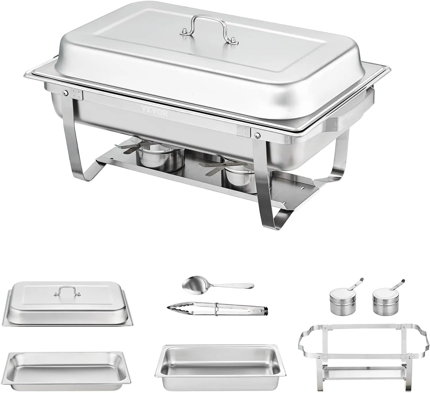 VEVOR Chafing Dish Buffet Set, 8 Qt 6 Pack, Stainless Chafer with 6 Full Size Pans, Rectangle Catering Warmer Server with Lid Water Pan Folding Stand Fuel Holder Tray Spoon Clip, at Least 8 People Eac