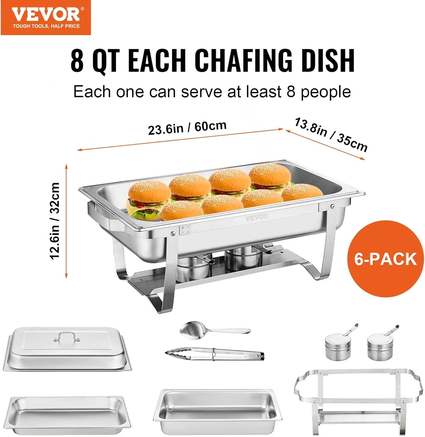 VEVOR Chafing Dish Buffet Set, 8 Qt 6 Pack, Stainless Chafer with 6 Full Size Pans, Rectangle Catering Warmer Server with Lid Water Pan Folding Stand Fuel Holder Tray Spoon Clip, at Least 8 People Eac