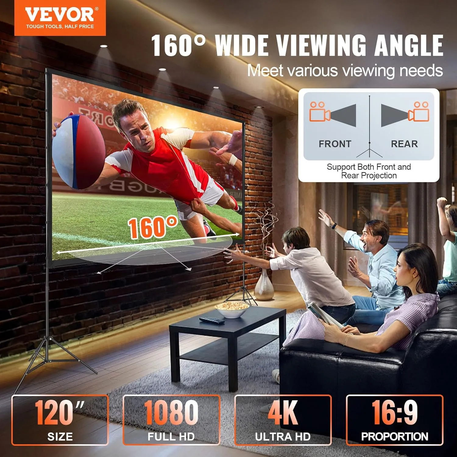 VEVOR Projector Screen with Stand, 120 inch 16:9 4K 1080 HD Outdoor Movie Screen with Stand, Wrinkle-Free Projection Screen with Tripods and Carry Bag, for Home Theater Cinema Backyard Movie Night