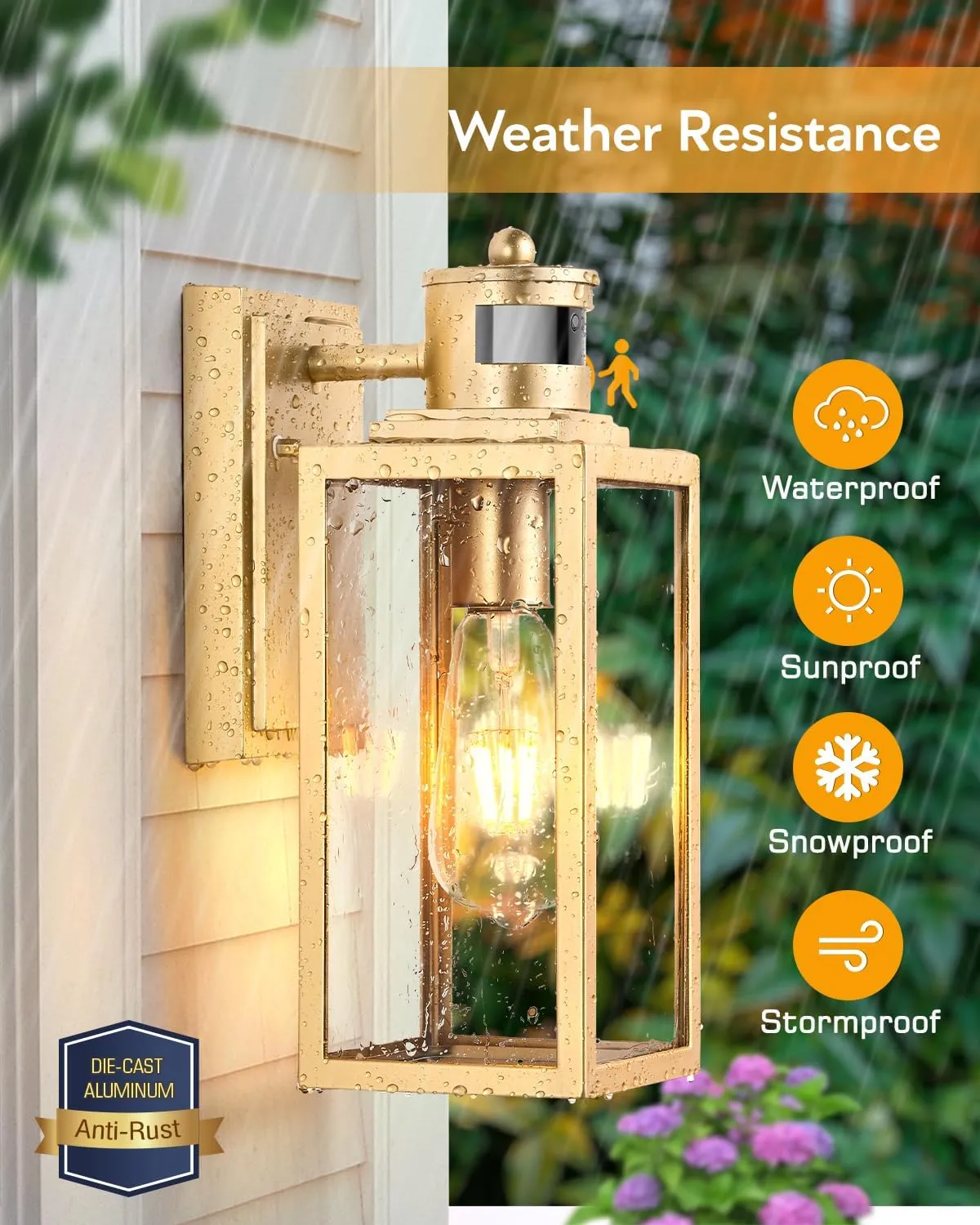 VIANIS 2 Pack Gold Outdoor Wall Lights, Motion Sensor Exterior Garage Lighting Fixture for House, Modern Dusk to Dawn Front Porch Light, Anti-Rust Waterproof Outdoor Wall Lantern Wall Mount Sconce