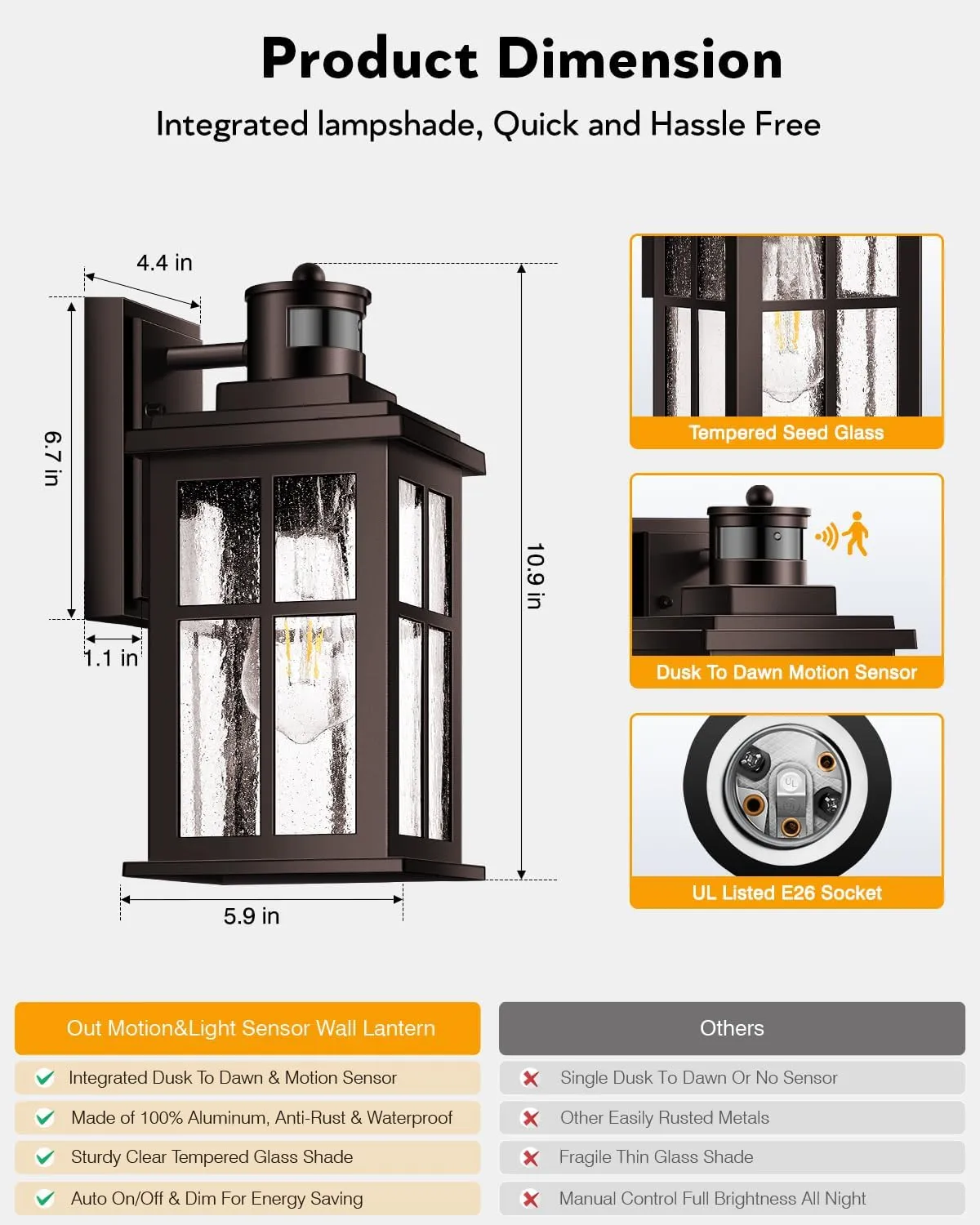 VIANIS Brown Motion Sensor Exterior Lighting Fixtures, Oil Rubbed Bronze Outdoor Garage Lights Wall Mount Sconce, Outdoor Wall Lantern for Garden, Patio, Front Door, Outside Porch Lights for House