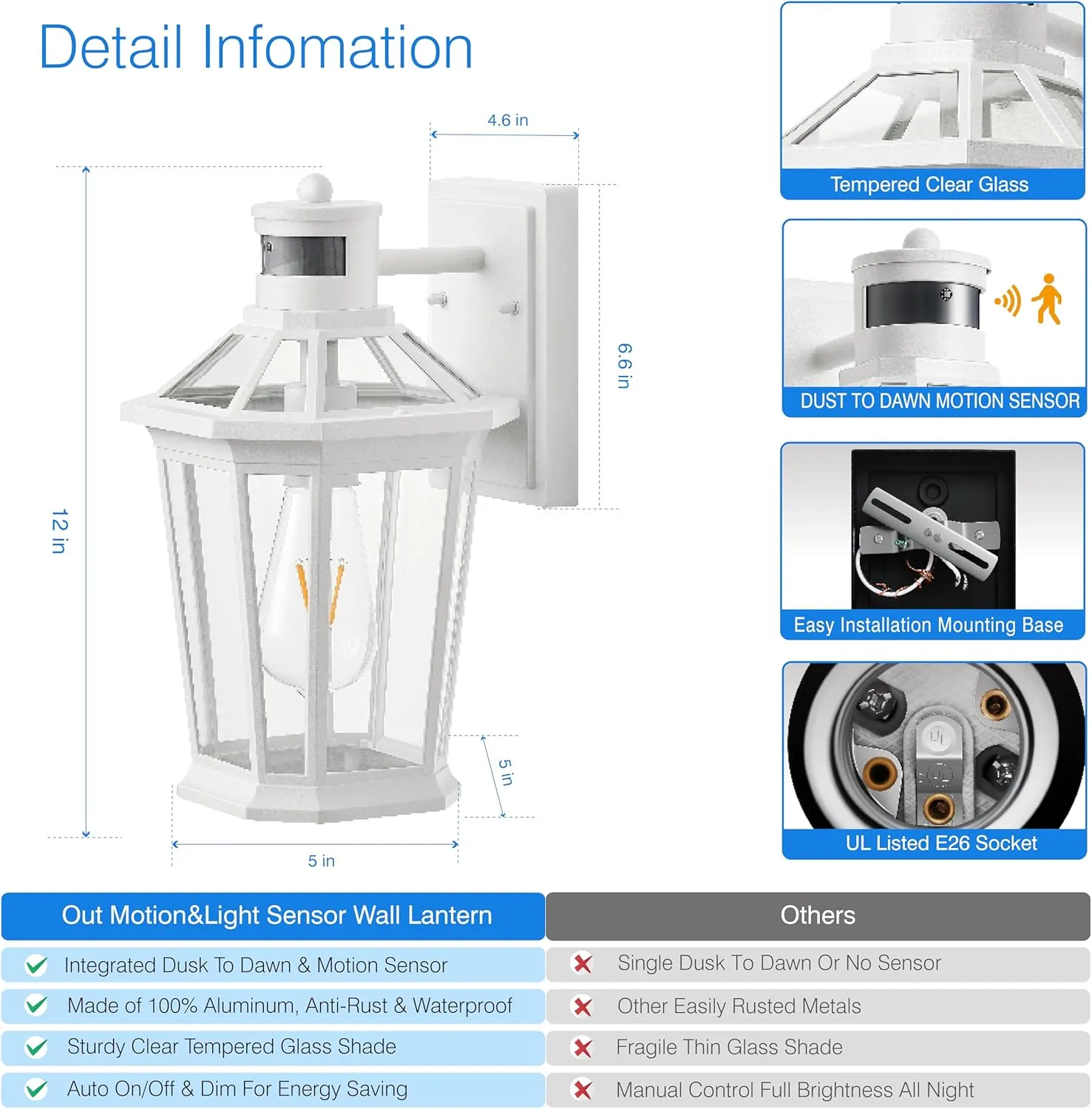 VIANIS Motion Sensor Outdoor Exterior Light Fixture, White Outdoor Porch Lights Wall Mount, Waterproof Dusk to Dawn Coach Lantern, Modern Outdoor Lights Fixtures for Garage, Front Door