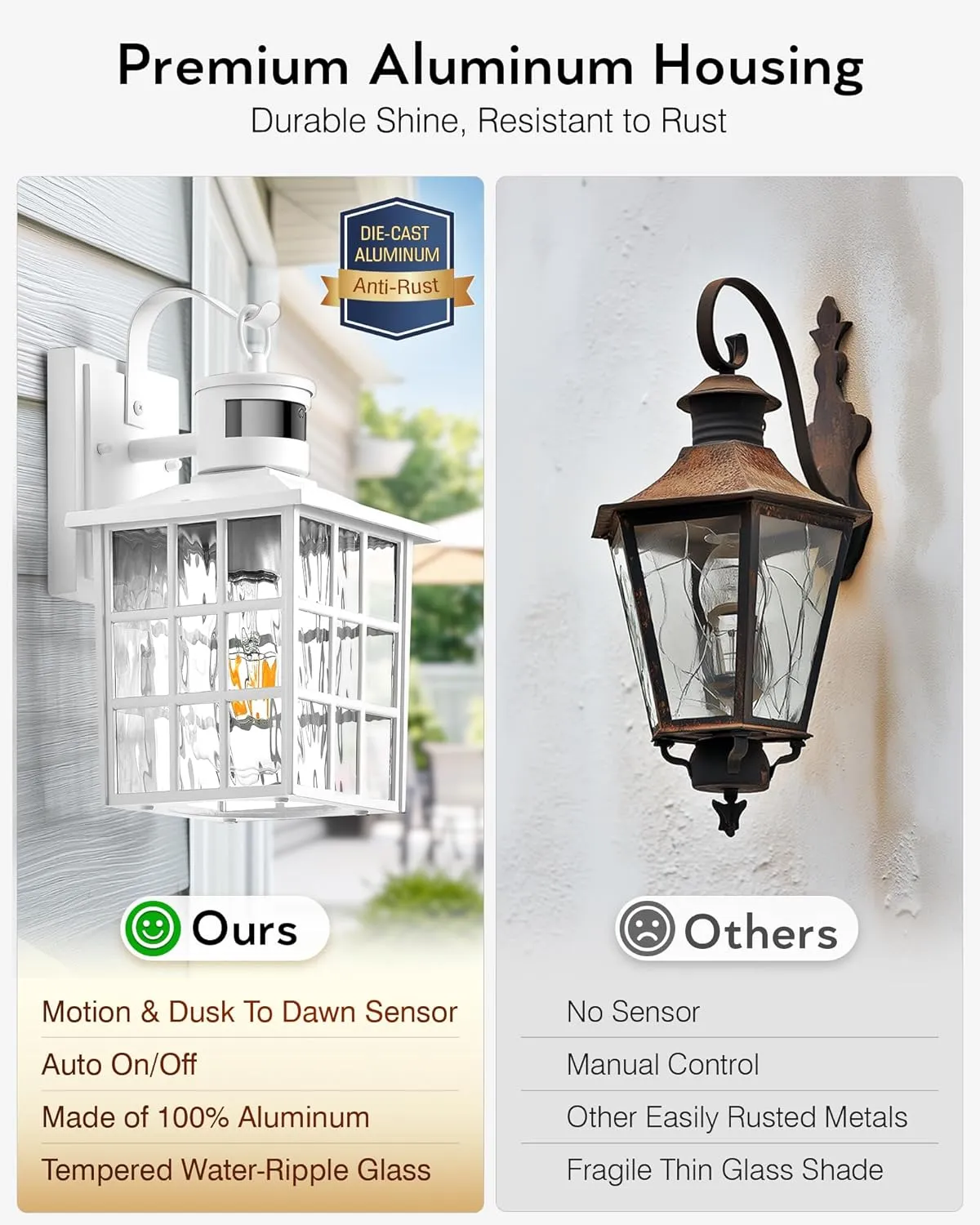 VIANIS Motion Sensor Outdoor Lights, White Dusk to Dawn Wall Lights, Exterior Light Fixture, Anti-Rust 100% Aluminum Outdoor Wall Lantern Wired for Garage Patio, Front Porch Light