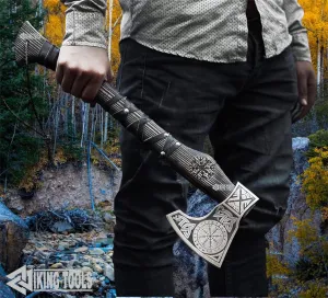 Viking Tools | Handmade Forged Carbon Steel Aegishjalmr Viking Axe with Sheath - Traditional Norse Bearded Axe Hatchet - 'Helm of Awe' Symbol Hand Craved Solid Handle (Aegishjalmr Viking Axe 20")
