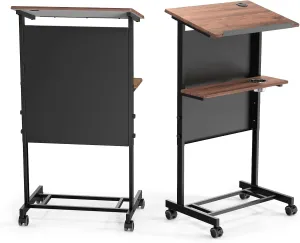 VINGLI 24in Wide Black&Brown Portable Podium Stand, Height Adjustable Lectern Podium with Shelf and Cup Holder for Reports, Mobile Stand Up Lectern, Rolling Pulpits for Church with Edge Stopper