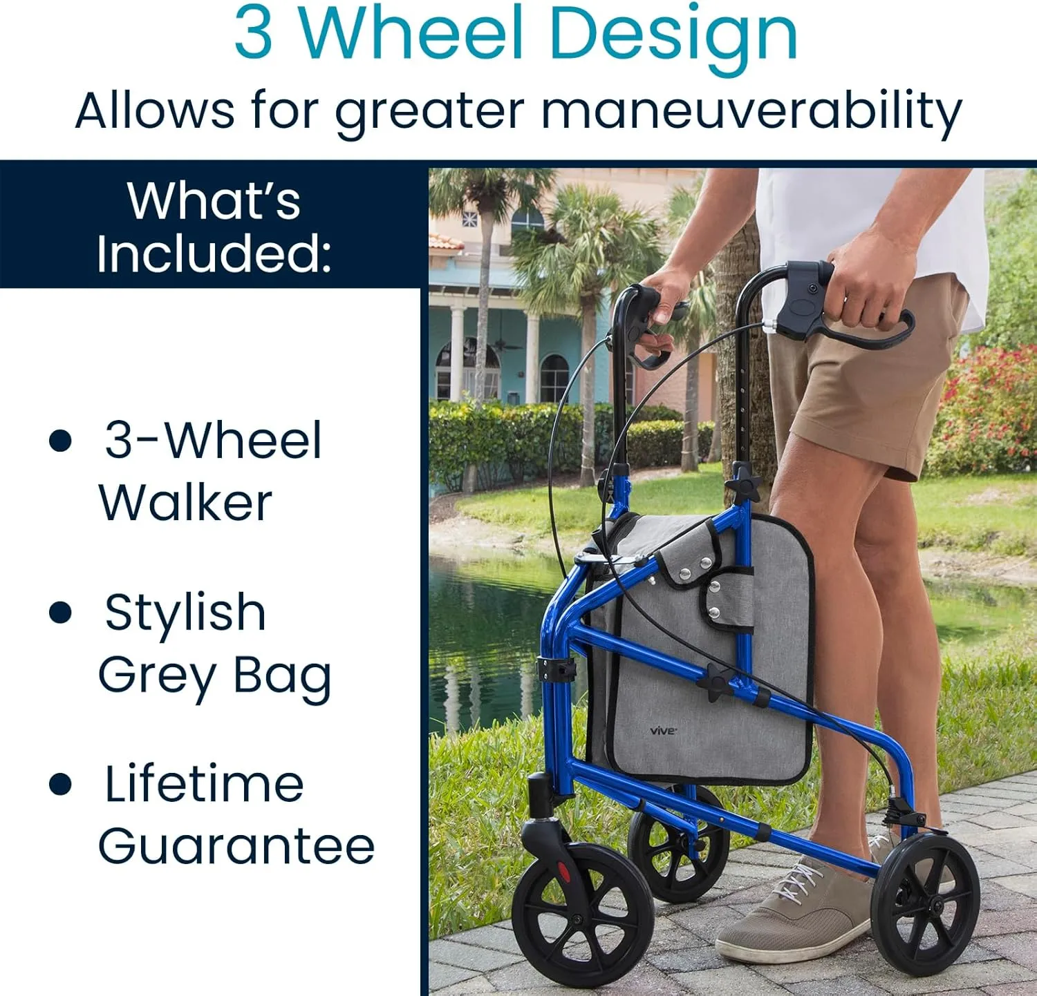 Vive Mobility 3 Wheel Walker - Three Wheeled Rollator for Seniors - Lightweight, Foldable, Narrow, Heavy Duty - for Elderly Men Women - Folding 3-Wheel Tri Scooter with Basket Bag (FSA HSA Approved)