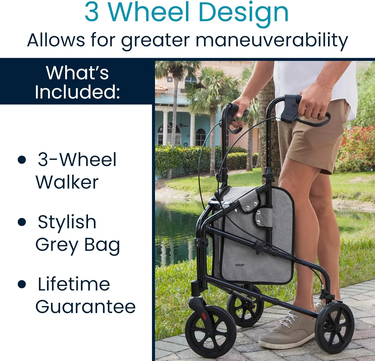 Vive Mobility 3 Wheel Walker - Three Wheeled Rollator for Seniors - Lightweight, Foldable, Narrow, Heavy Duty - for Elderly Men Women - Folding 3-Wheel Tri Scooter with Basket Bag (FSA HSA Approved)