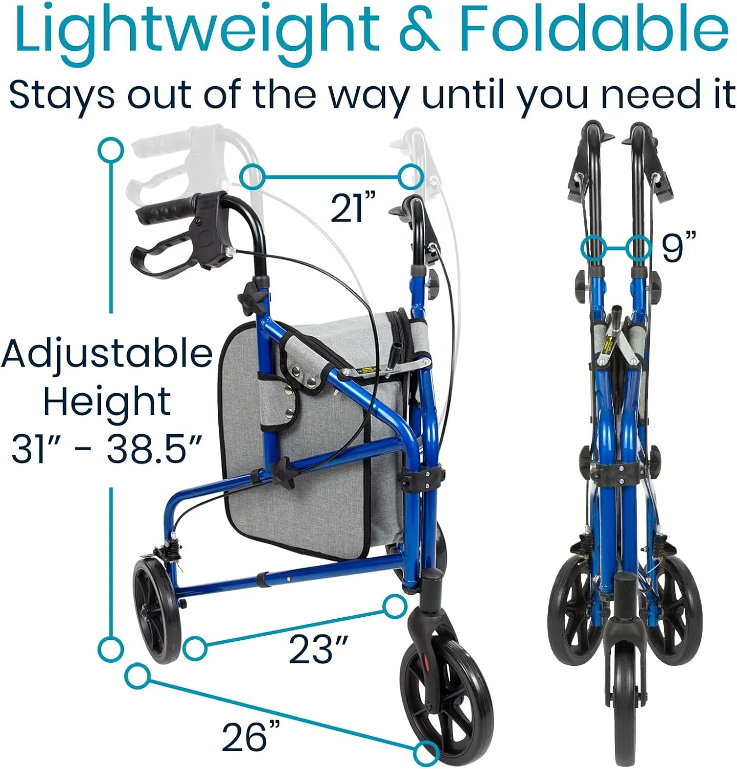 Vive Mobility 3 Wheel Walker - Three Wheeled Rollator for Seniors - Lightweight, Foldable, Narrow, Heavy Duty - for Elderly Men Women - Folding 3-Wheel Tri Scooter with Basket Bag (FSA HSA Approved)
