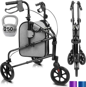Vive Mobility 3 Wheel Walker - Three Wheeled Rollator for Seniors - Lightweight, Foldable, Narrow, Heavy Duty - for Elderly Men Women - Folding 3-Wheel Tri Scooter with Basket Bag (FSA HSA Approved)