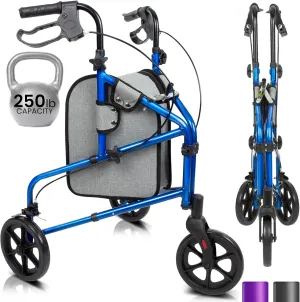 Vive Mobility 3 Wheel Walker - Three Wheeled Rollator for Seniors - Lightweight, Foldable, Narrow, Heavy Duty - for Elderly Men Women - Folding 3-Wheel Tri Scooter with Basket Bag (FSA HSA Approved)