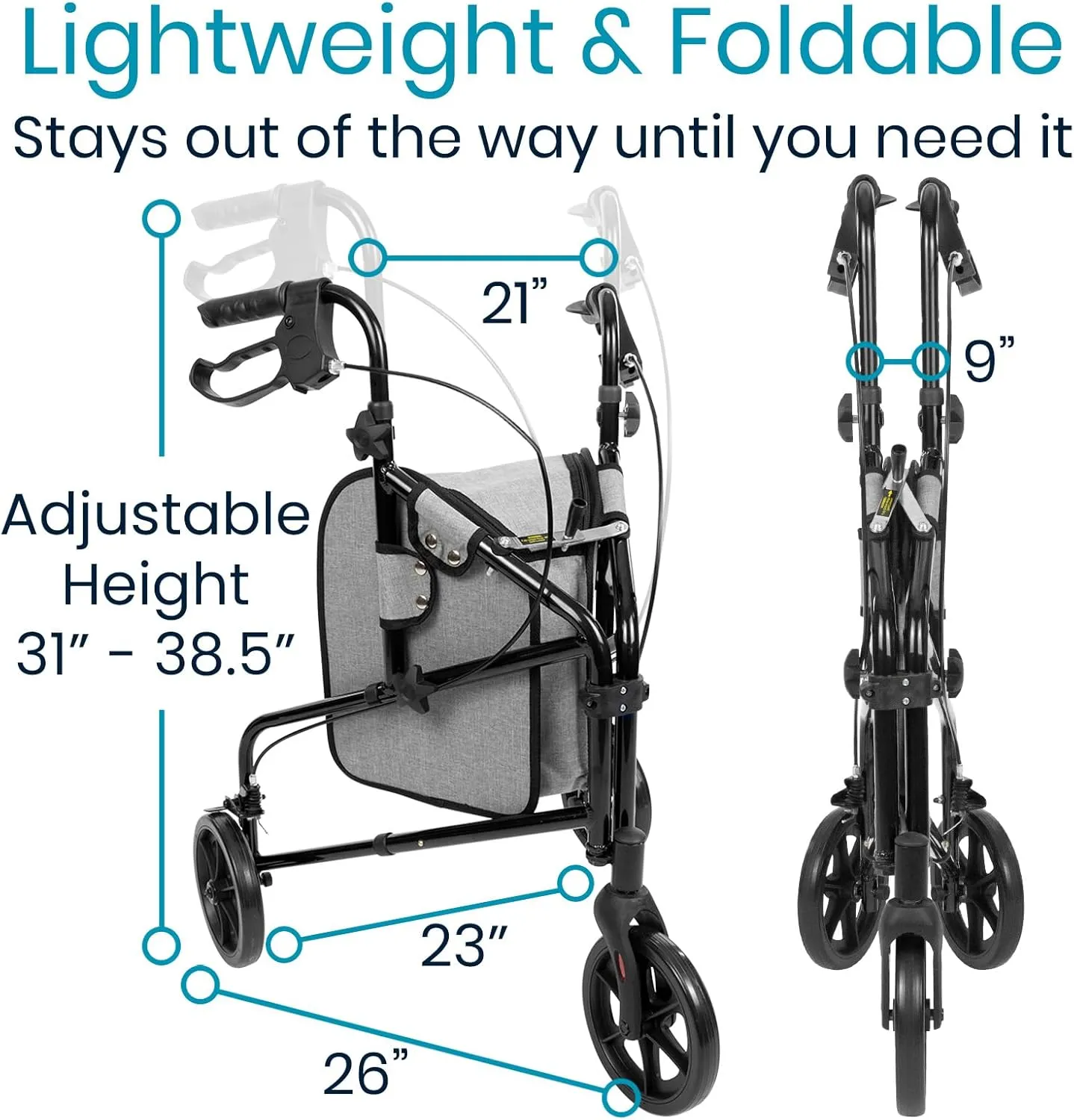 Vive Mobility 3 Wheel Walker - Three Wheeled Rollator for Seniors - Lightweight, Foldable, Narrow, Heavy Duty - for Elderly Men Women - Folding 3-Wheel Tri Scooter with Basket Bag (FSA HSA Approved)