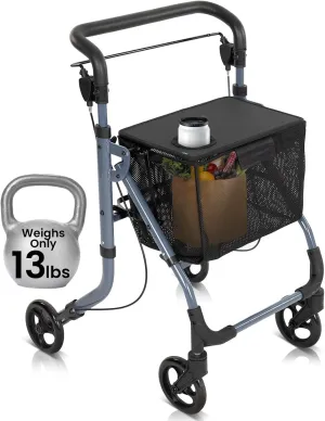 Vive Mobility Narrow Walker for Small Spaces - Ultra Lightweight Rollator for Seniors, Tight Doorways - with Tray, Basket, Cupholder - Rolling, Folding Walker with Wheels for Indoor & Outdoor Use