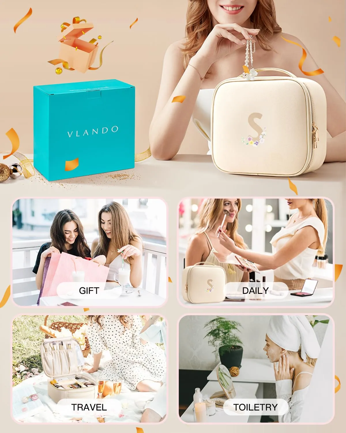 Vlando Travel Gifts for Women,Travel Makup Organizer Bag,Waterproof Makeup Storage Cosmetic Bag，Initial Mothers Day Gifts Graduation Gifts Birthday Gift for Her（Letter S）