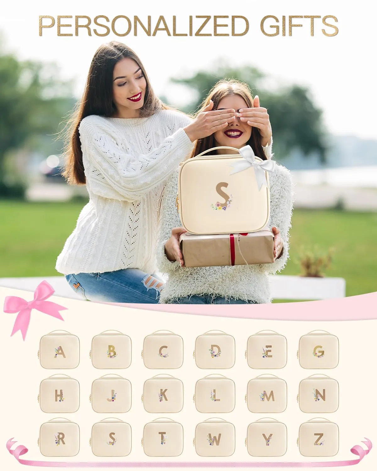 Vlando Travel Gifts for Women,Travel Makup Organizer Bag,Waterproof Makeup Storage Cosmetic Bag，Initial Mothers Day Gifts Graduation Gifts Birthday Gift for Her（Letter S）