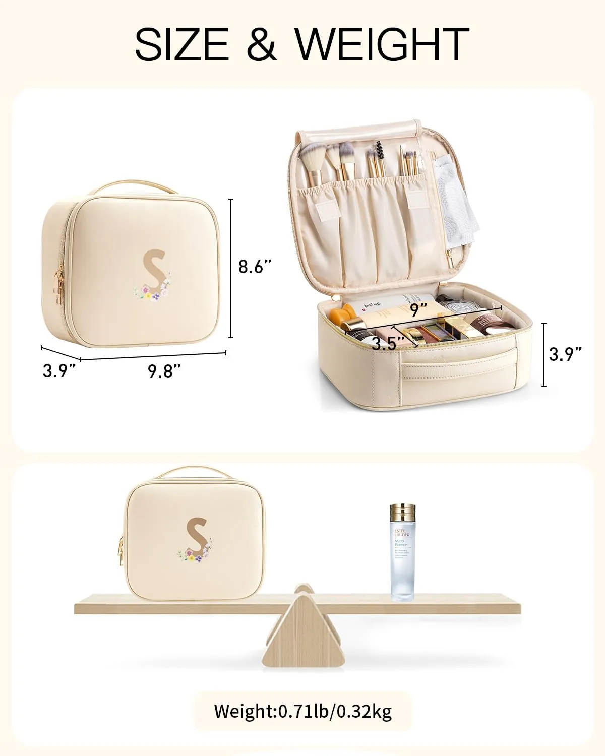 Vlando Travel Gifts for Women,Travel Makup Organizer Bag,Waterproof Makeup Storage Cosmetic Bag，Initial Mothers Day Gifts Graduation Gifts Birthday Gift for Her（Letter S）