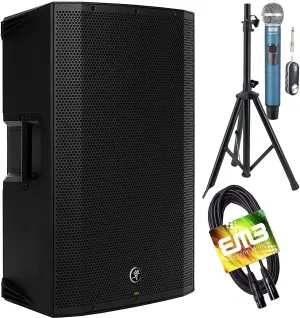 vMackie Thump15A THUMP-15A 1300W 15" Powered Loudspeaker (Single) with EMB Speaker Stand   EMB Microphone Dynamic Unidirectional Microphone and EMB XLR Cable Bundle